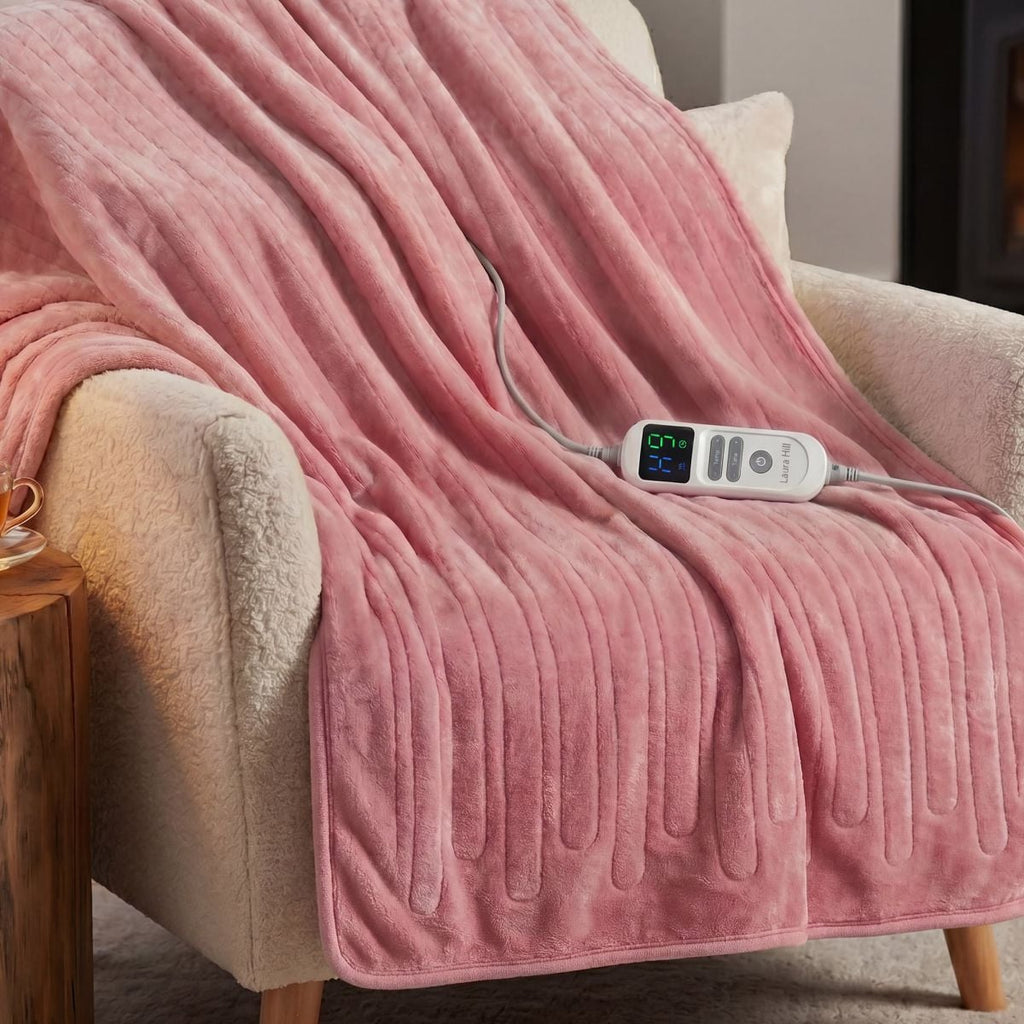 Laura Hill XL Electric Heated Blanket Throw Soft Coral Fleece with 10 Heat Settings - Pink