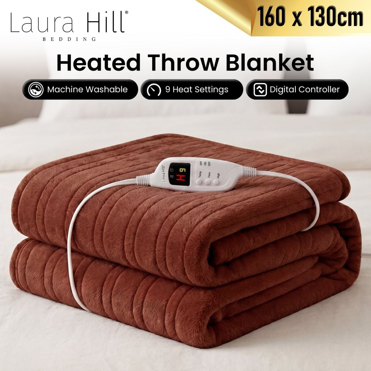 Laura Hill Electric Heated Blanket Throw Soft Coral Fleece w/ 9 Heat Settings - Brown