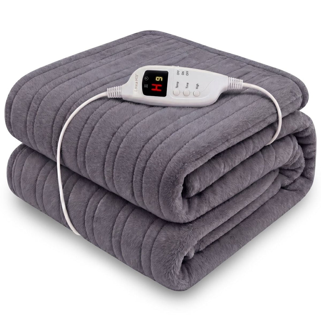 Laura Hill Electric Heated Blanket Throw Soft Coral Fleece w/ 9 Heat Settings - Grey