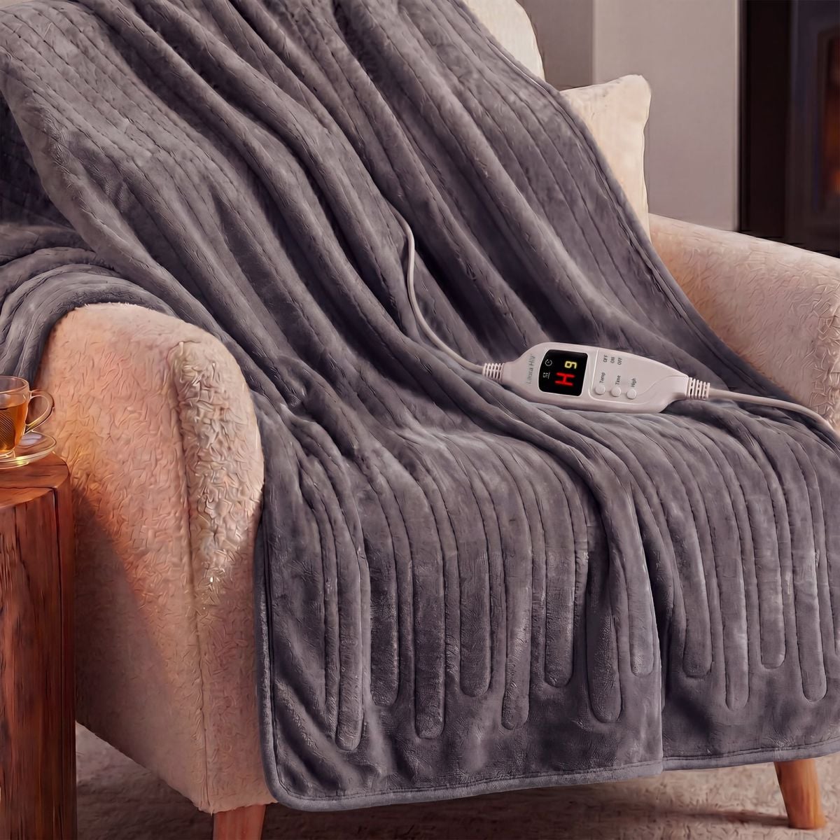 Laura Hill Electric Heated Blanket Throw Soft Coral Fleece w/ 9 Heat Settings - Grey